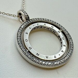 Pandora 925 Sterling Silver CZ Floating Logo Circle Pendant Necklace 8.28g